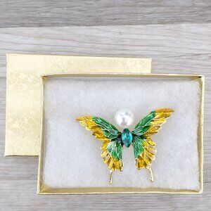 Yellow Green Butterfly Pearl Brooch